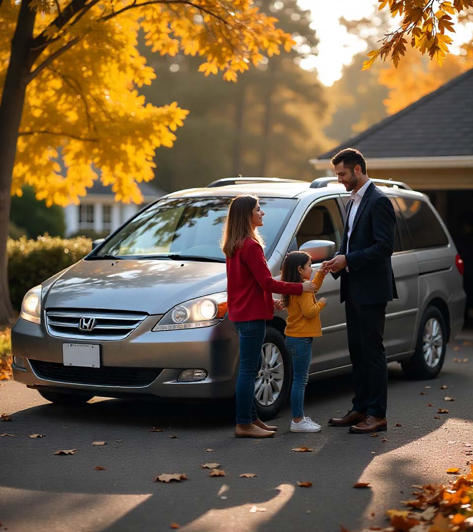 Eine Familie übergibt ein Auto an einen Händler beim Autoankauf Göppingen vor dem Haus